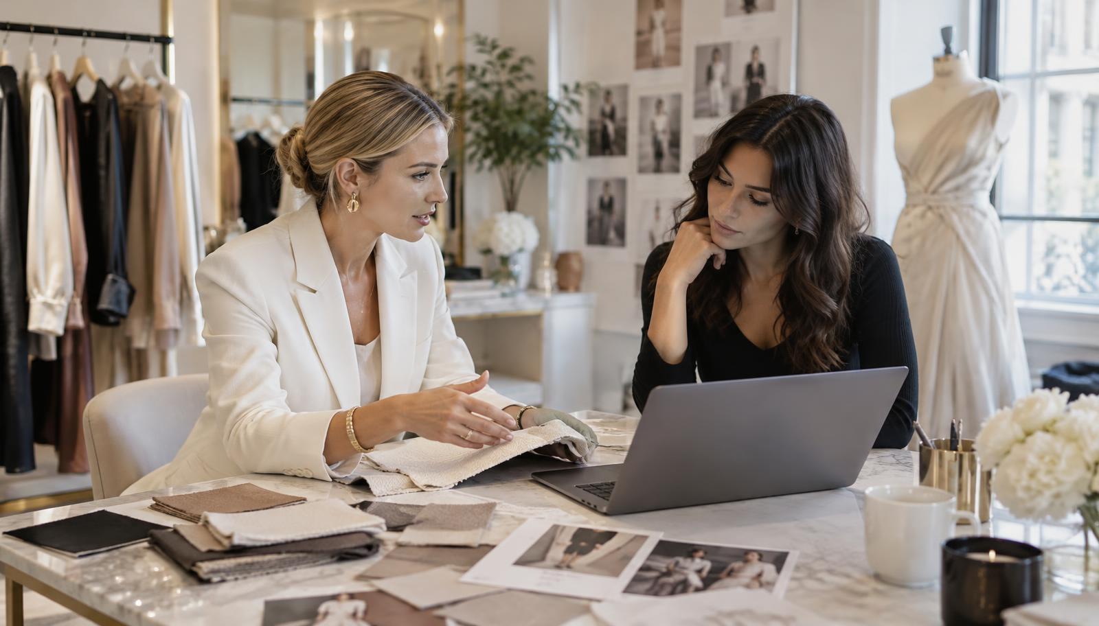 Boutique owner reviewing brand materials with a designer