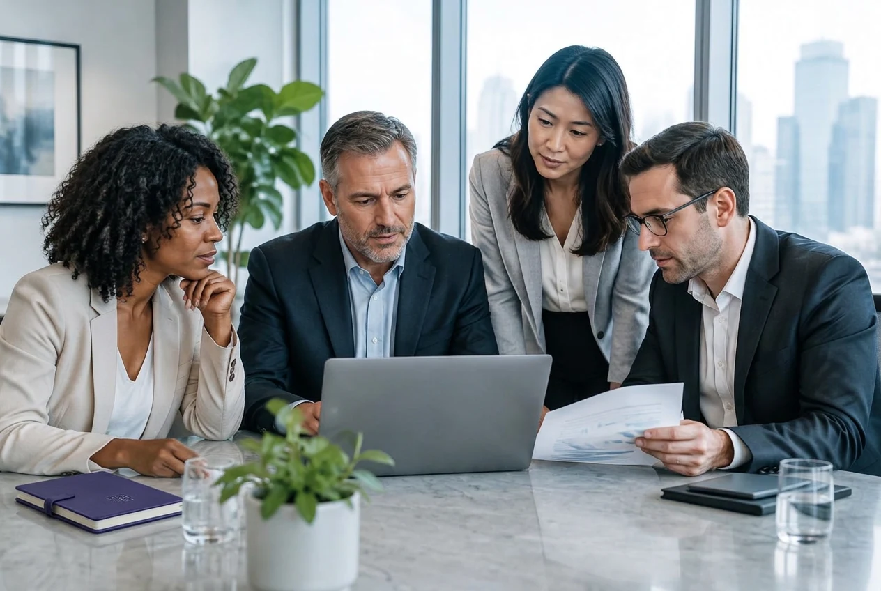 Professionals collaborating with technology in a modern workplace
