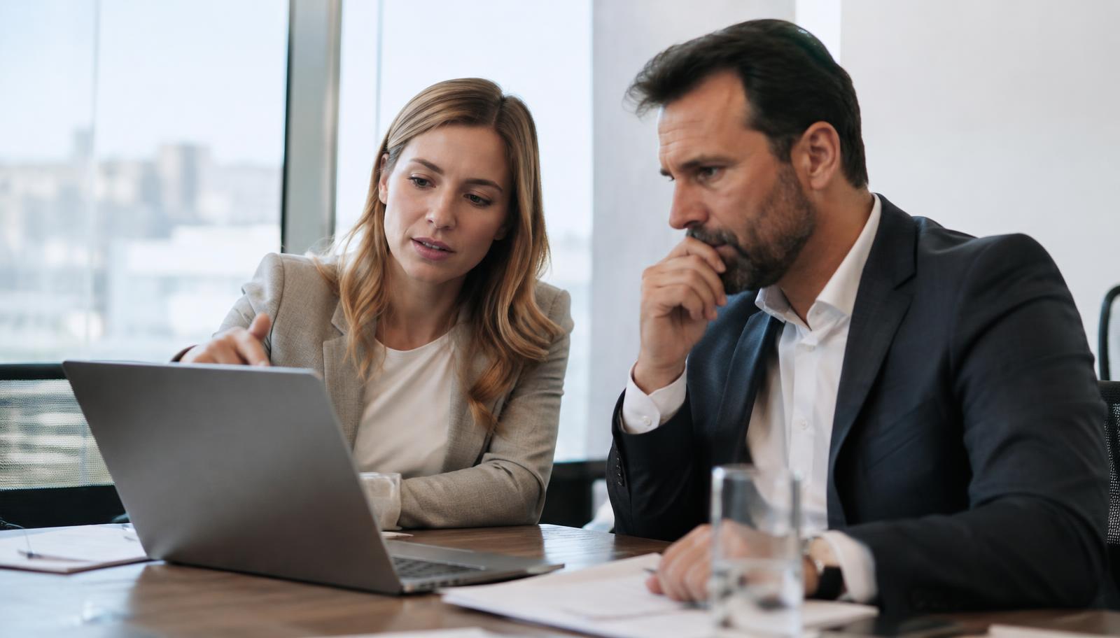 Business team reviewing operations on a laptop