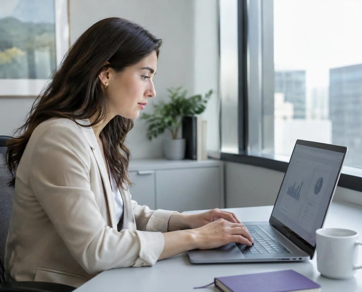 Professional working with business software in a naturally lit workspace