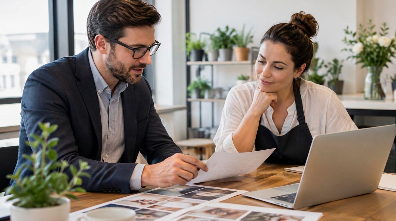 Marketing consultant reviewing flyer proofs with a local business owner
