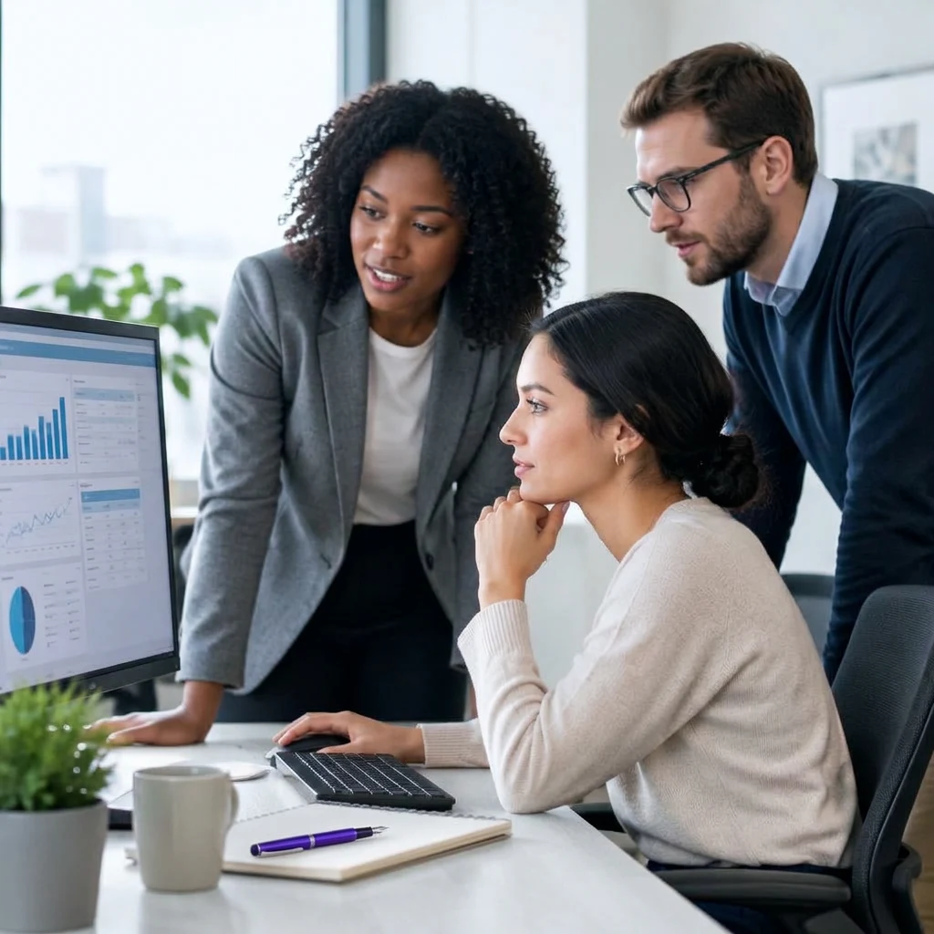 Professionals collaborating around a business report